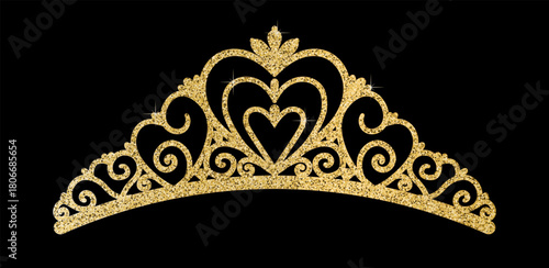 Luxury gold glitter tiara isolated on a black background. Elegant vector tiara with heart and swirl motifs for princess, wedding, birthday, and celebration design concepts.