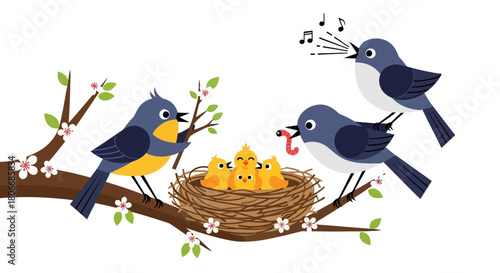 Vibrant illustration captures a bird family in spring, with adult birds diligently feeding their hungry chicks nestled warmly in a cozy nest on a blossoming tree branch