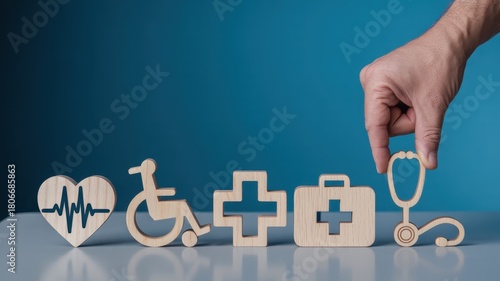 Hand carefully places wooden medical icon symbolizing the importance of healthcare coverage
