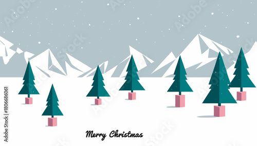 Winter landscape with evergreen trees and gift boxes under a snowy mountain range for festive holidays
