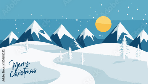 Winter landscape with snow covered mountains and bright sun for festive greetings