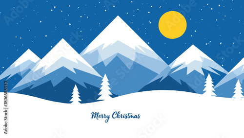 A beautiful winter landscape with snow-capped mountains and a bright yellow moon for festive greetings