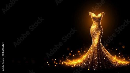 Sequined golden gown glows against a dark background, with scattered bokeh adding to the glamorous aesthetic.