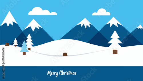Winter landscape with snow covered mountains and fir trees greeting card