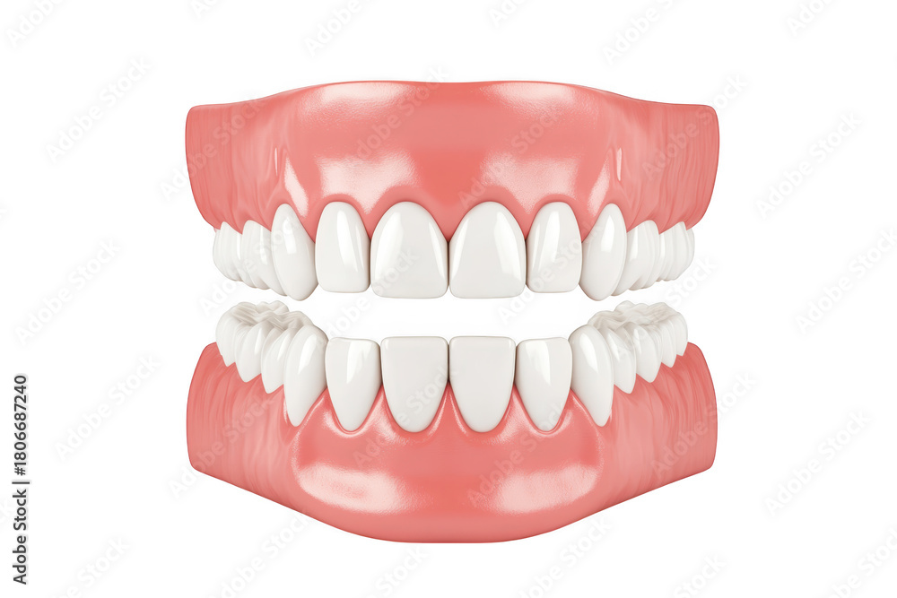 Obraz premium A detailed 3D rendering of a human dental model upper and lower teeth alignment. emphasizing dental anatomy. with a clean white background suitable for educational and medical purposes