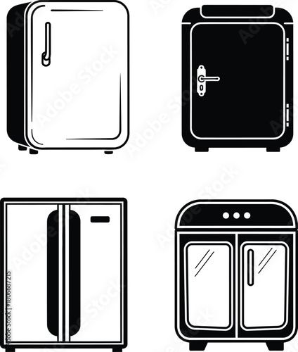 Four black and white retro vintage refrigerator fridge icons collection, a simple graphic vector set of different old-fashioned kitchen appliances.
