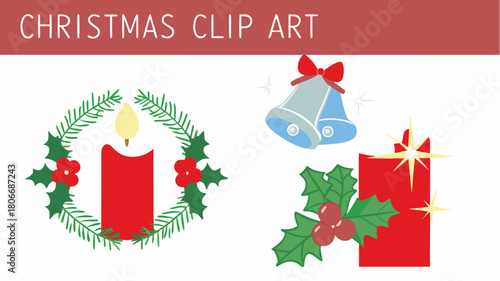 Festive Christmas clip art featuring vibrant holiday candles, jingle bells, and holly decorations perfect for invitations and seasonal designs