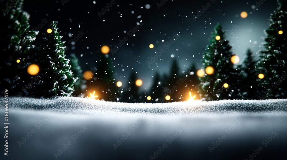 Obraz premium Snowy evergreen trees stand illuminated with warm lights during a winter snowfall at nighttime.