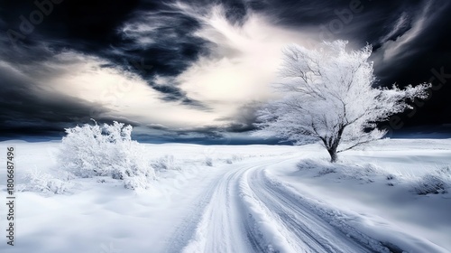 Wallpaper Mural Snowy landscape features a winding path leading past frost-covered trees under a dramatic, cloudy sky, creating a serene winter scene. Torontodigital.ca