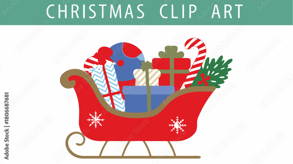 Naklejka premium Delightful Sleigh Ride of Gifts and Cheer, Festive Holiday Season Treasures, Perfect for Christmas Projects, Celebrations, and Seasonal Designs