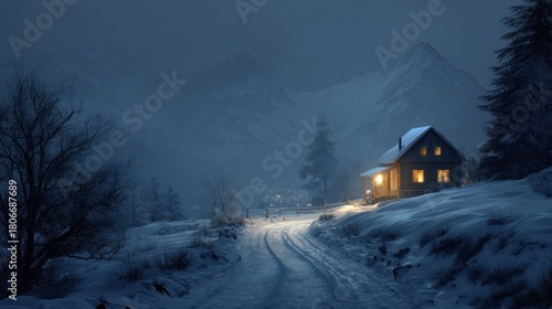 Snowy mountain cabin night