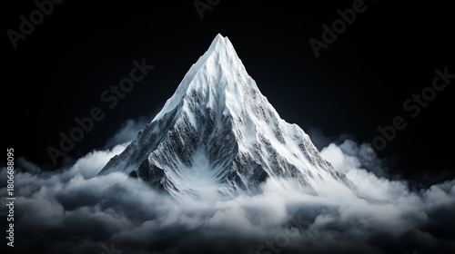 Snowy mountain peak towers above the surrounding clouds against a dark background, showcasing a monochromatic and dramatic scene.