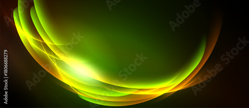 Abstract design features vibrant green, yellow curves. Light radiates from center, creating dynamic visual effect. Dark background emphasizes luminosity.