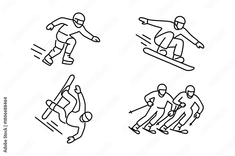 Obraz premium Outlined icon set of winter extreme sports: ice cross downhill, freestyle snowboarding (jump and flip), and parallel slalom skiing. Dynamic linework emphasizes motion and agility