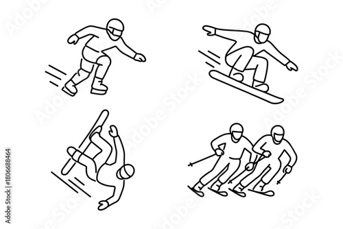 Outlined icon set of winter extreme sports: ice cross downhill, freestyle snowboarding (jump and flip), and parallel slalom skiing. Dynamic linework emphasizes motion and agility