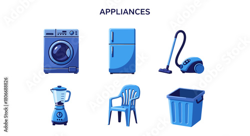 A white background displays six blue household items washer fridge vacuum blender chair and bin no background