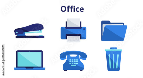 Bluetoned flat icons of office supplies against no background