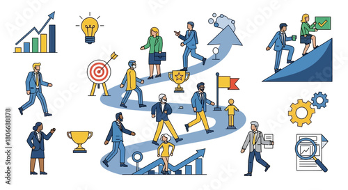 Dynamic illustration of diverse business professionals navigating pathways to success, demonstrating strategic planning, goal achievement, and collaborative career growth
