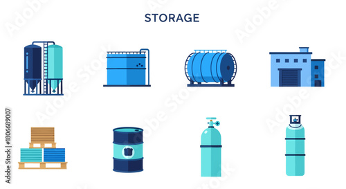 Collection of flat design storage icons including silos tanks warehouse barrels and gas cylinders no background