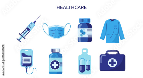 Collection of eight blue and white medical items arranged in two rows