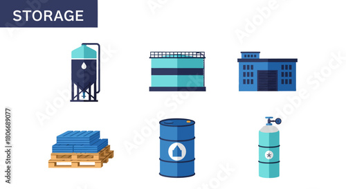 Collection of six blue storage icons silo tank warehouse pallets barrel and gas cylinder no background