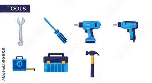 Flat design icons of seven different tools on a white background