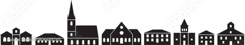 Small town village silhouette skyline with various historic residential and community buildings vector illustration