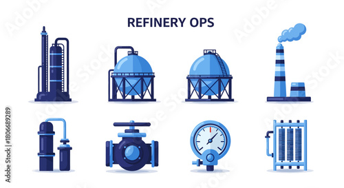 Flat illustration of eight distinct blue oil refinery operations equipment icons
