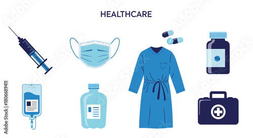 Healthcare icons displayed against a white background including medical supplies