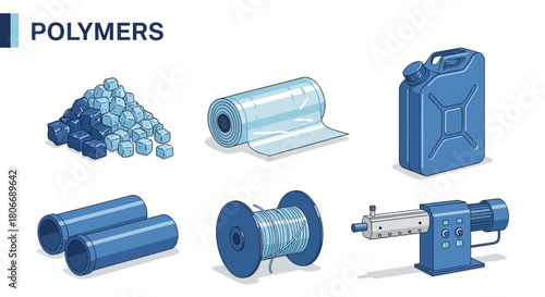 Illustration showing various plastic products and processing equipment under the heading POLYMERS