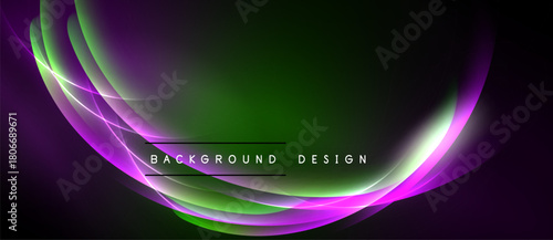 Abstract design features vibrant curves, gradients. Green, purple hues dominate dark background. Modern, dynamic visual element.