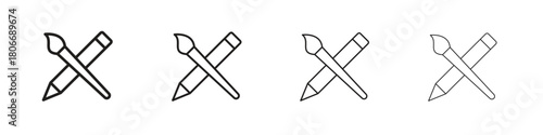 Pencil paintbrush icons. Simple solid style. thin stroke line icons