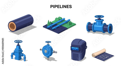 Isometric illustrations of pipeline components construction tools and plans no background