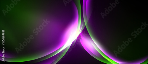 Abstract design features flowing curves, vibrant purple, green hues. Dark background emphasizes luminosity, creating dynamic visual effect.
