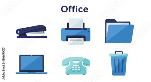 Six bluetoned flatdesign office supplies icons arranged in two rows