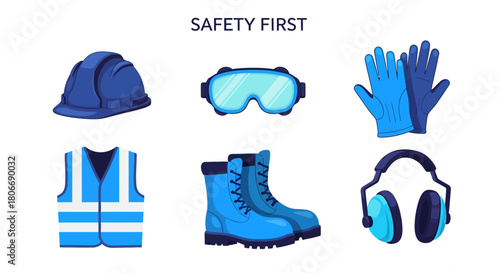Six pieces of blue personal protective equipment arranged in two rows