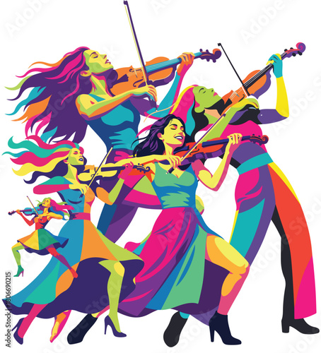 Vibrant string quartet performing classical music with passion and flair in a colorful modern style, perfect for concert posters and artistic presentations