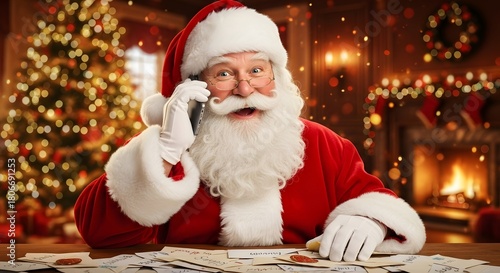 Man in Santa Claus costume talking on a phone, sitting at a desk with letters. Christmas holiday concept.