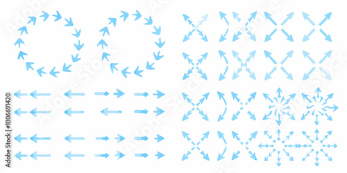 Collection of blue arrows in various directions and arrangements on white background