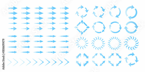 Collection of blue arrow icons and circular diagrams for design and infographics