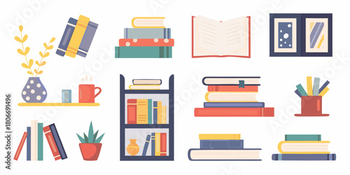 Collection of colorful books shelves and decorative elements in a flat vector illustration
