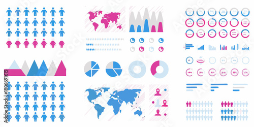 Infographic elements and data visualization charts in blue and pink modern design