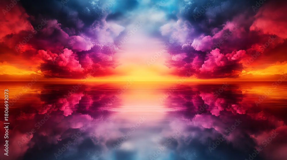 Fototapeta premium Surreal clouds reflect on a calm body of water under a colorful and radiant sky.