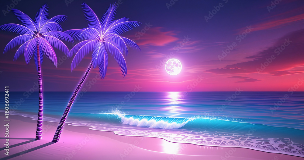 Naklejka premium Vibrant purple palm trees on a neon beach at sunset with glowing ocean waves