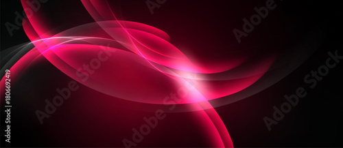 Abstract design features flowing pink lines, curves, bright light against dark background. Modern, dynamic composition.