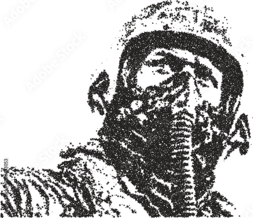 Vector stipple illustration of fighter jet pilot wearing helmet and oxygen mask in vintage dotwork halftone style for aviation design
