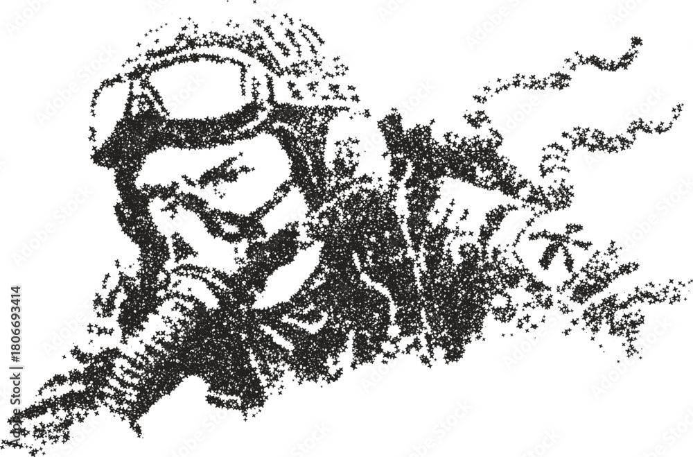 Fototapeta premium Vector stipple drawing of air force pilot profile wearing helmet and tactical equipment in monochrome dotwork halftone technique 
