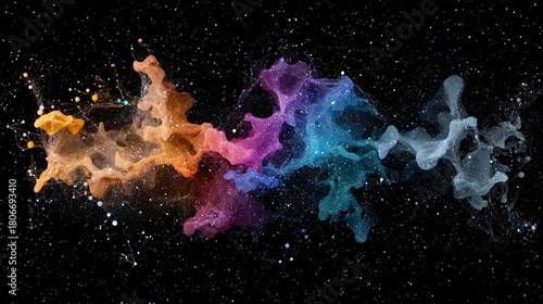 A vibrant, swirling cloud of colorful gas and dust, resembling a nebula, drifts through a field of stars in the vast expanse of space.