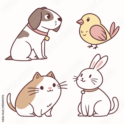Charming collection of cute cartoon pet animals in an elegant vector style, featuring a friendly dog, cat, bird, and rabbit