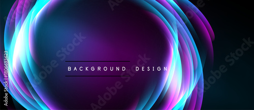 Abstract luminous layers create vibrant oval shape. Purple, blue hues dominate design, suggesting energy, motion. Background text reads background design.